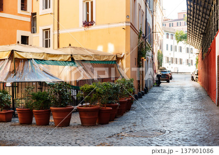 Quiet street in Rome with potted plants and empty tables in the morning sun 137901086
