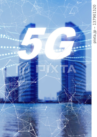 Modern buildings with 5G network technology in urban setting by the water 137901320