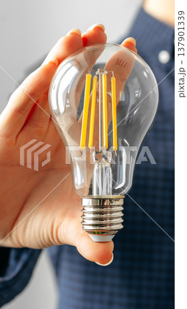 Holding a light bulb with visible filaments in a hand indoors Holding a light bulb with visible filaments in a hand indoors 137901339
