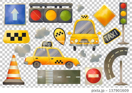 Set depicting a city taxi, road signs, and road surfaces. Vibrant, hand drawn watercolor illustration of urban transport. 137901609
