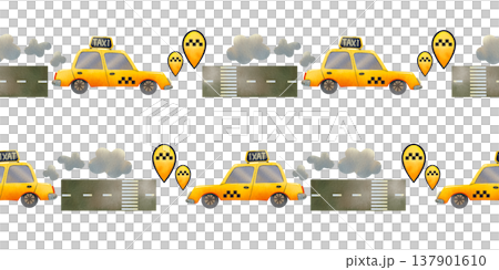 Seamless border frame featuring a city taxi and a road. Hand drawn watercolor illustration of urban transport. Seamless border frame featuring a city taxi and a road. Hand drawn watercolor illustration of urban transport. 137901610