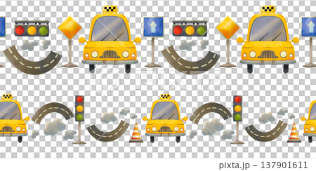 Seamless border frame featuring a city taxi, road signs, and a road. Hand drawn watercolor illustration of urban transport. Seamless border frame featuring a city taxi, road signs, and a road. Hand drawn watercolor illustration of urban transport. 137901611