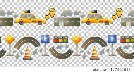 Seamless border featuring a city taxi, road signs, and a road. Hand drawn watercolor illustration of urban transport. Seamless border featuring a city taxi, road signs, and a road. Hand drawn watercolor illustration of urban transport. 137901612
