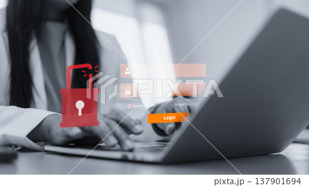 cybersecurity breach and data hacker attack on laptop screen.identity theft and password scam concept in black and white.business woman hand typing on computer with security threat alert. 137901694