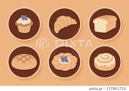 Bakery sticker icons set with bread and pastry emblems vector illustration. Bakery sticker icons set with bread and pastry emblems vector illustration. 137901728