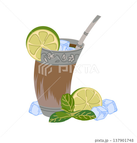 A traditional guampa, made from bull horn, for a cold version of mate. In Paraguay, it is used to make terere . Handmade glass, mint, lime, and ice. Flat vector illustration. A traditional guampa, made from bull horn, for a cold version of mate. In Paraguay, it is used to make terere . Handmade glass, mint, lime, and ice. Flat vector illustration. 137901748