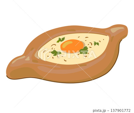 Khachapuri from Adjara. National food of Georgia. Vector illustration. Oven baked bread with cheese and egg. Homemade rural food. Flat style. 137901772