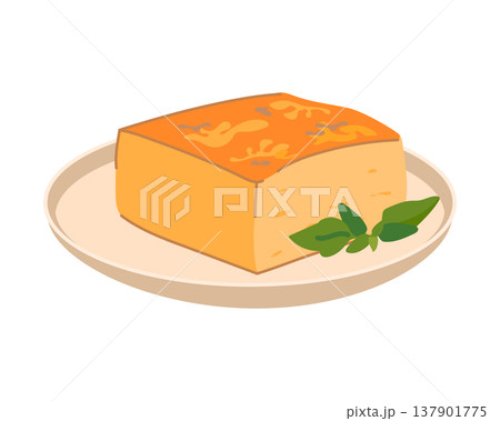 Traditional Paraguayan food, sopa paraguay, on a white plate. Flat style vector illustration. A casserole with cornmeal, eggs, onions, and cheese. Cornbread, ready to serve. Perfect for breakfast. 137901775