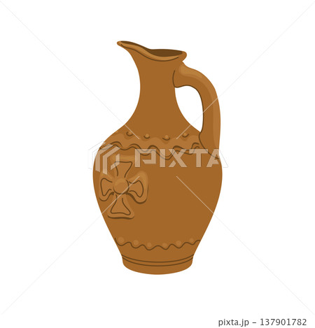 A large brown clay jug with a handle and a narrow neck, standing on a white background. Clay wine vessel. Ceramic tableware with an ethnic pattern. Vector illustration. A large brown clay jug with a handle and a narrow neck, standing on a white background. Clay wine vessel. Ceramic tableware with an ethnic pattern. Vector illustration. 137901782