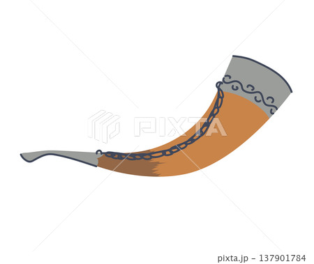 Vintage drinking horn with engraved metal trim. Vector traditional wine horn. Wall decor made from animal horn. Souvenir from Georgia. Vintage drinking horn with engraved metal trim. Vector traditional wine horn. Wall decor made from animal horn. Souvenir from Georgia. 137901784
