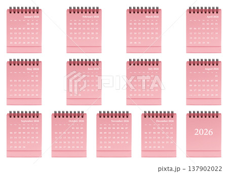 Red desktop calendar template featuring clean grid layout, spiral-bound planner 2026 organization Red desktop calendar template featuring clean grid layout, spiral-bound planner 2026 organization 137902022