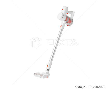 White background showcases sleek cordless vacuum technology. Lightweight wireless cleaning machine 137902028