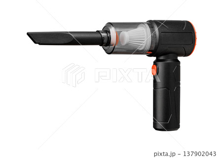 Mini vacuum cleaner for car and home office isolated on white. Rechargeable handheld cleaning device. 137902043