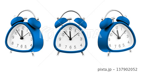 Set of Three Blue Triangle Alarm Clocks Isolated on White Background Set of Three Blue Triangle Alarm Clocks Isolated on White Background 137902052