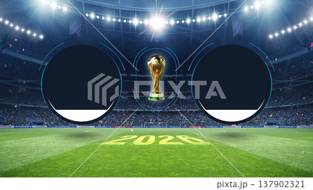 Sports broadcast scoreboard overlay with blank round frames for team logos and golden trophy on stadium background. Sports broadcast scoreboard overlay with blank round frames for team logos and golden trophy on stadium background. 137902321