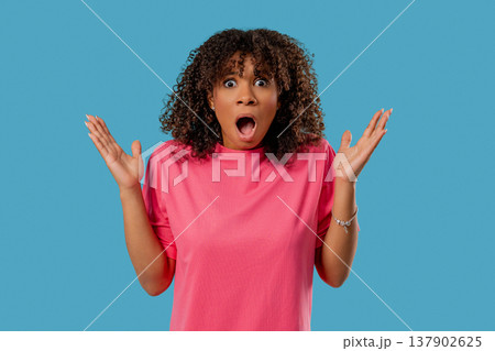 African Woman Afraid Something, Shock On Blue Backdrop. Unbelievable, Bad News. African Woman Afraid Something, Shock On Blue Backdrop. Unbelievable, Bad News. 137902625