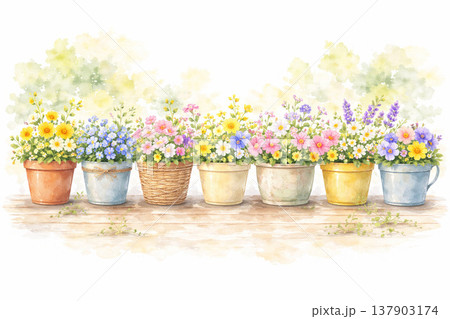 植木鉢シリーズ：多彩な色の鉢が並ぶナチュラル背景 137903174