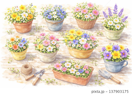 植木鉢シリーズ：形が異なる鉢の俯瞰デザイン素材 137903175