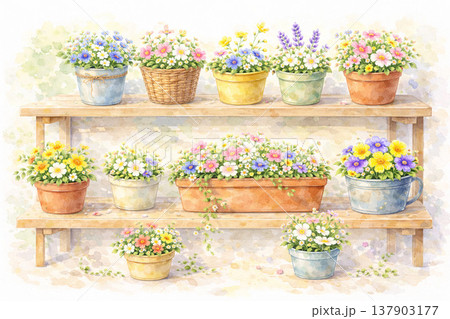 植木鉢シリーズ：木製棚に並ぶ色とりどりの鉢 137903177