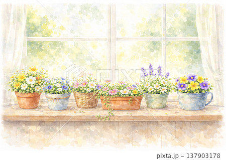 植木鉢シリーズ:窓辺に並ぶ様々な植木鉢 植木鉢シリーズ:窓辺に並ぶ様々な植木鉢 137903178