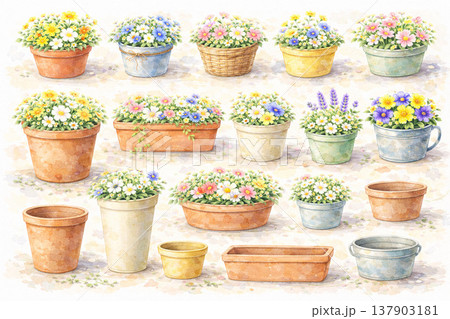 植木鉢シリーズ：カラフルな鉢の格子状俯瞰背景 137903181