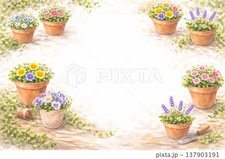 植木鉢シリーズ：四辺に花の鉢を配したフレーム 137903191