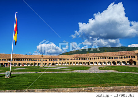Philip II square with a cannon in the citadel of Jaca, military fortification in Spain. Parade ground of the Fortress Philip II square with a cannon in the citadel of Jaca, military fortification in Spain. Parade ground of the Fortress 137903363