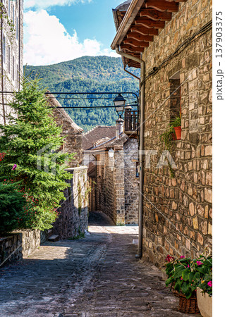 Beautiful village Hecho in the pyrenees mountains Huesca Spain Europe 137903375