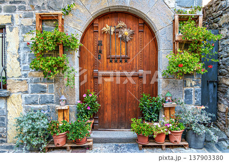 Beautiful village Hecho in the pyrenees mountains Huesca Spain Europe Beautiful village Hecho in the pyrenees mountains Huesca Spain Europe 137903380