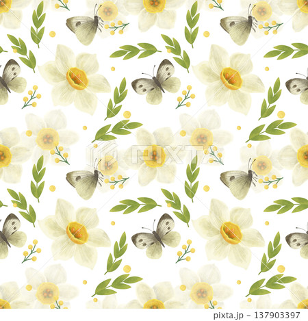 Seamless pattern. White daffodil flower, butterflies, green twigs. A spring print in a flat style. Watercolor, pastel, gouache. For product design Seamless pattern. White daffodil flower, butterflies, green twigs. A spring print in a flat style. Watercolor, pastel, gouache. For product design 137903397