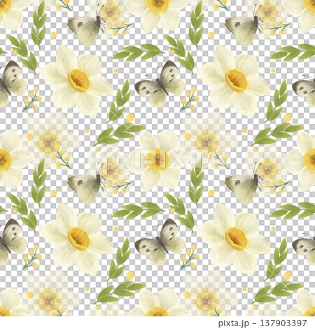 Seamless pattern. White daffodil flower, butterflies, green twigs. A spring print in a flat style. Watercolor, pastel, gouache. For product design 137903397