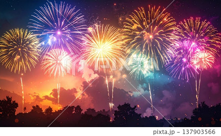 夜空に広がる花火のボケ背景|きらめく光の夏イベントバナー素材 夜空に広がる花火のボケ背景|きらめく光の夏イベントバナー素材 137903566