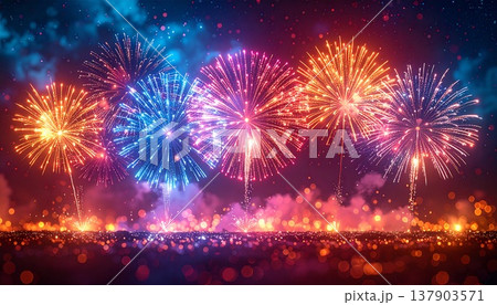 夜空に広がる花火のボケ背景｜きらめく光の夏イベントバナー素材 137903571