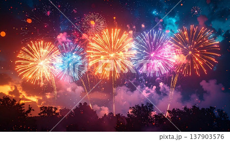 夜空に広がる花火のボケ背景｜きらめく光の夏イベントバナー素材 137903576