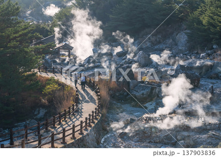 family walk on Hell valley Jigoku footpath at Mount Unzen, Nagasaki 137903836