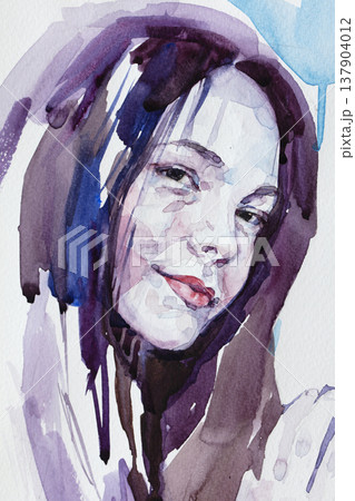 watercolor painting, female portrait, handmade 137904012