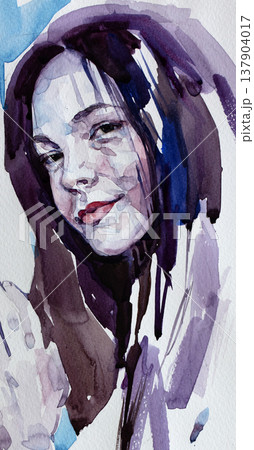 watercolor painting, female portrait, handmade 137904017