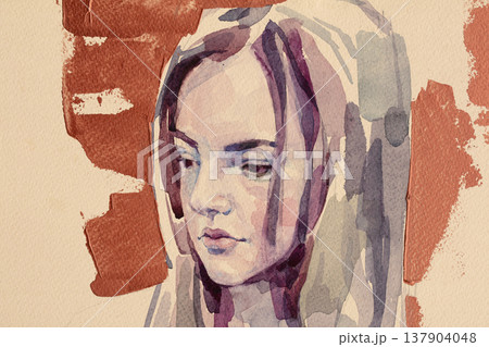 watercolor painting, female portrait, handmade watercolor painting, female portrait, handmade 137904048