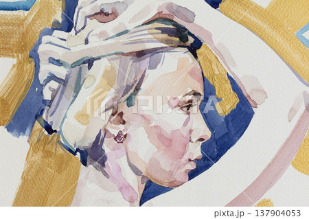 watercolor painting, female portrait, handmade 137904053
