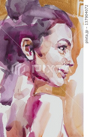 watercolor painting, female portrait, handmade 137904072