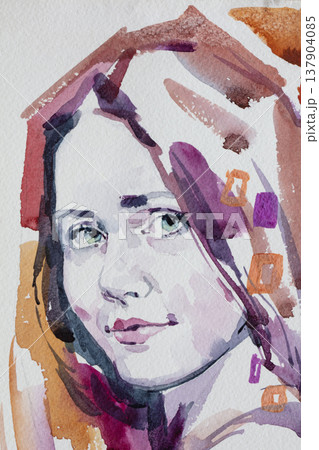 watercolor painting, female portrait, handmade watercolor painting, female portrait, handmade 137904085