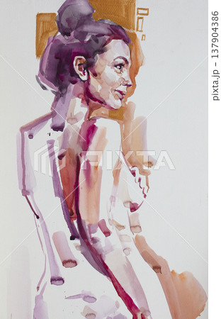 watercolor painting, female portrait, handmade watercolor painting, female portrait, handmade 137904386
