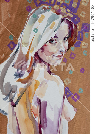 watercolor painting, female portrait, handmade watercolor painting, female portrait, handmade 137904388