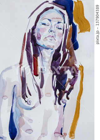 watercolor painting, female portrait, handmade 137904389