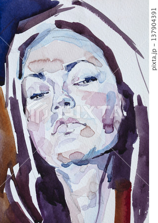 watercolor painting, female portrait, handmade 137904391