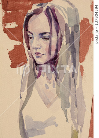watercolor painting, female portrait, handmade 137904394