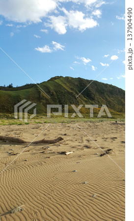 A picturesque scene depicting green hills along the Kuril Islands' coastline on a bright summer day. 137904490