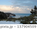 The photograph captures a serene, snow-covered coniferous forest on the Kuril Islands' coastline, featuring lush patches of Kuril bamboo against a clear sunset backdrop. 137904509