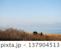 The photograph captures a breathtaking view of a sea bay and autumn forest on the Kuril Islands during sunset on a sunny day. 137904513
