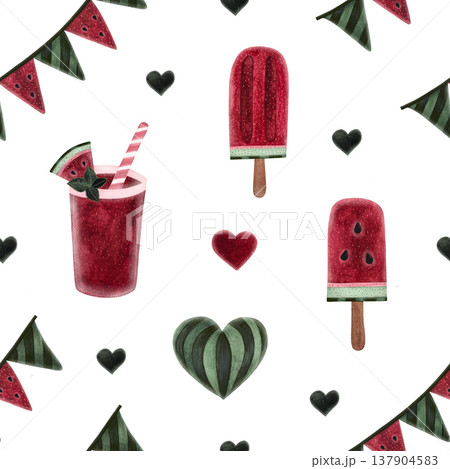 A seamless watercolor pattern featuring refreshing watermelon cocktails, delicious ice cream, and vibrant garlands on a crisp white background. A seamless watercolor pattern featuring refreshing watermelon cocktails, delicious ice cream, and vibrant garlands on a crisp white background. 137904583